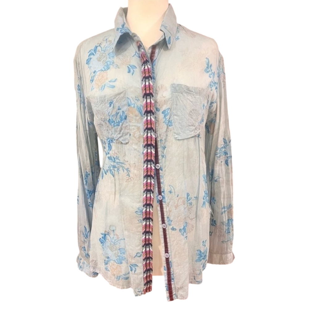 Floral Blue Button-Up Women's Top